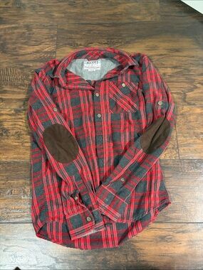 Alcott Red and Gray flannel Shirt with Brown Elbow Patches